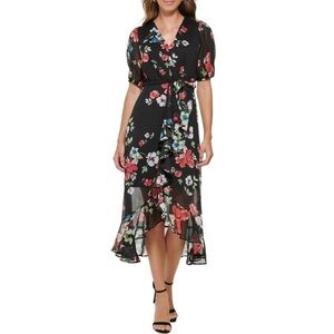 NWT DKNY Black Floral Wrap Midi Dress with Red & Blue Blooms